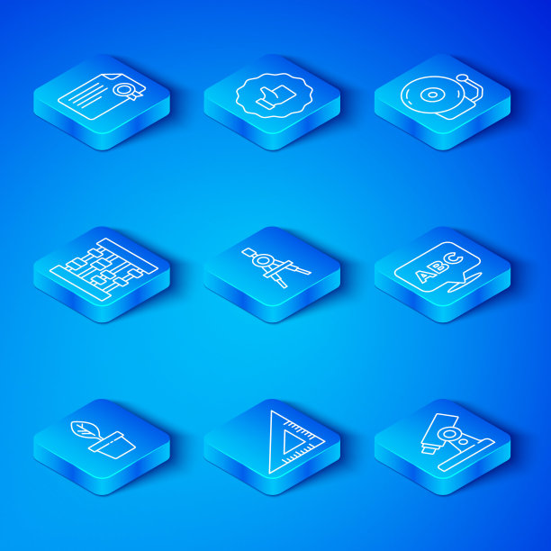 设置线盆栽，绘图罗盘，三角尺，字母表，响铃，算盘，证书模板和显微镜图标。向量图片下载