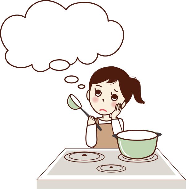 一个愁眉苦脸的年轻女子一边做饭一边思考。图片下载