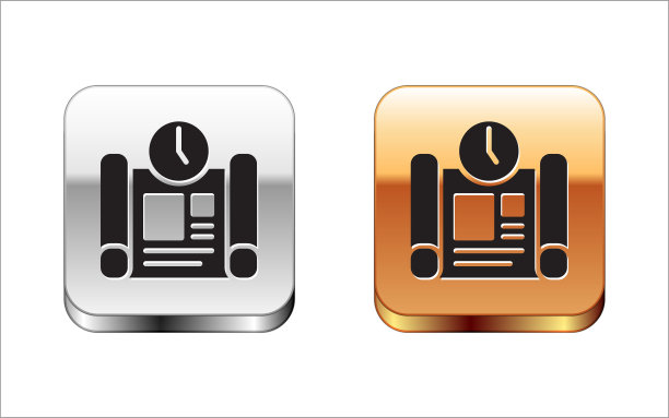 黑色商业项目时间计划图标孤立在白色背景上。金银平方按钮。向量图片下载