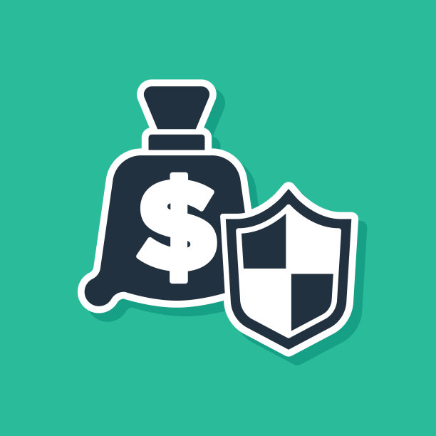 蓝钱与盾牌图标孤立的绿色背景。保险的概念。安全、安全、保护、保护的理念。向量图片下载