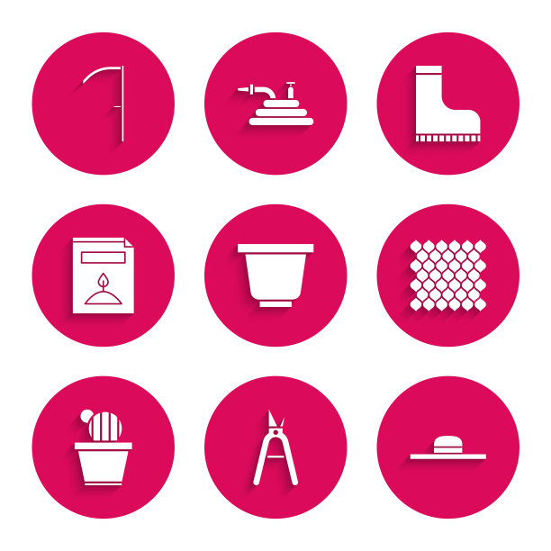 花盆，园艺手工剪刀，工人帽，栅栏木，仙人掌多汁，一袋特定植物的种子，防水橡胶靴和镰刀图标。向量图片下载