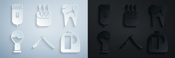 设置直剃须刀，碎牙，剃须刷，瓶子清洁剂，棉签耳朵和电动剃须刀图标。向量图片下载