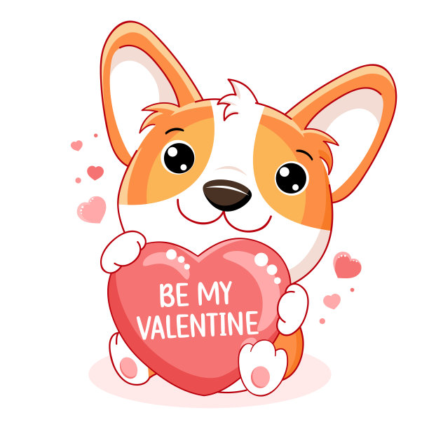 可爱的卡哇伊风格的情人节卡片。可爱的小柯基小狗与红心图片下载