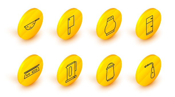 Set line Long electric lighter, Salt and pepper, Kettle with handle, Electronic scales, Refrigerator, Meat chopper and Kitchen colander图标。向量图片下载