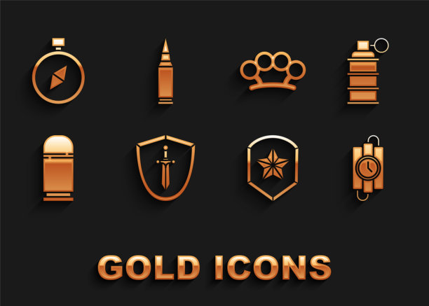 设置中世纪盾牌与剑，手榴弹，炸药棒计时器时钟，警察徽章，子弹，黄铜关节，指南针和子弹图标。向量图片下载