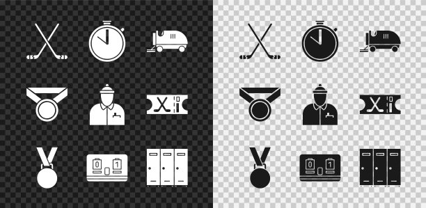 设置冰上曲棍球棒，秒表，表面，奖牌，曲棍球机械计分板，更衣室更衣室，和教练图标。向量图片下载