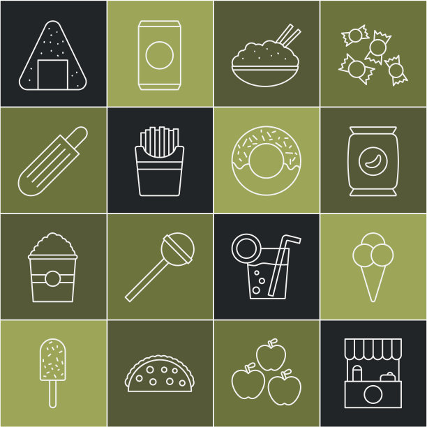 设置与遮阳篷，冰淇淋华夫蛋筒，袋装或袋装薯片，饭碗筷子，土豆薯条盒，法国热狗，饭团和甜甜圈图标。向量图片下载