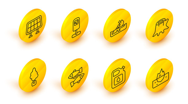 设置线冰山，汽油罐，死鱼，树，树桩，失事的油轮，垃圾桶和太阳能面板图标。向量图片下载