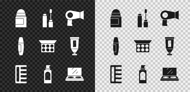 设置止汗除臭剂卷，睫毛膏刷，吹风机，发刷，喷雾罐发胶，化妆粉与镜子，图标。向量图片下载