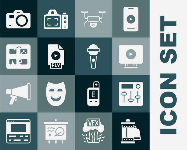 设置相机卷盒式，声音混音控制器，在线播放视频，无人机飞行，FLV文件文档，故事板，照片相机和麦克风图标。向量图片下载