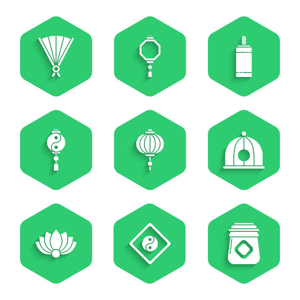 设置中国纸灯笼，阴阳，蜂蜜罐，帽子，莲花，烟花和纸中国折扇图标。向量图片下载