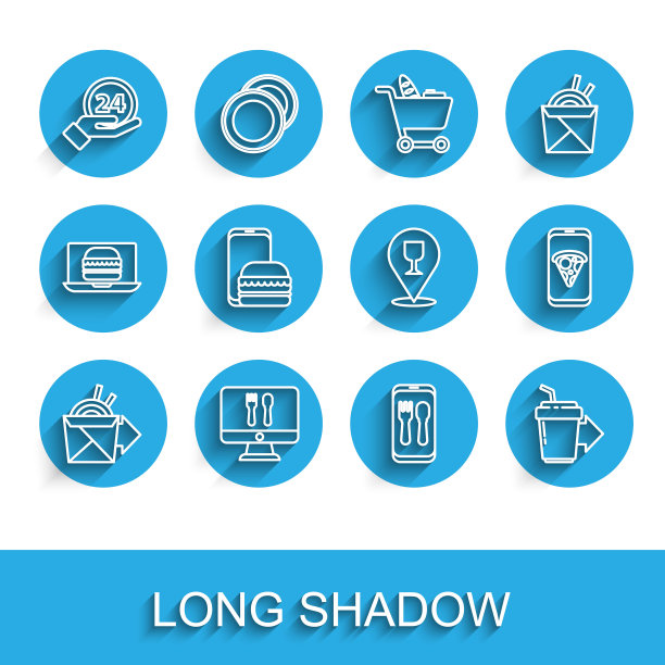 设置线上订购面条送货，和，时钟24小时，咖啡杯去，食品披萨和酒精啤酒酒吧的位置图标。向量图片下载