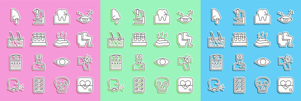 设定线心率，关节疼痛，膝盖疼痛，便秘，龋齿，试管血液，毛发覆盖皮肤，流鼻涕和大便图标。向量图片下载