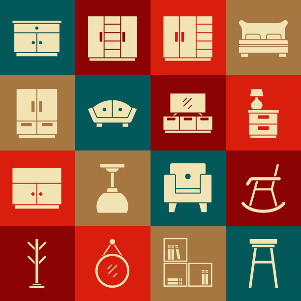 设置椅子，扶手椅，带灯的家具床头柜，衣柜，沙发，和电视表图标。向量图片下载