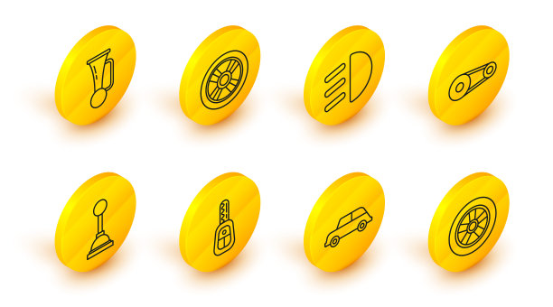 设置线汽车车轮，钥匙与遥控器，变速杆，正时皮带套件，高梁，和车辆图标上的信号喇叭。向量图片下载
