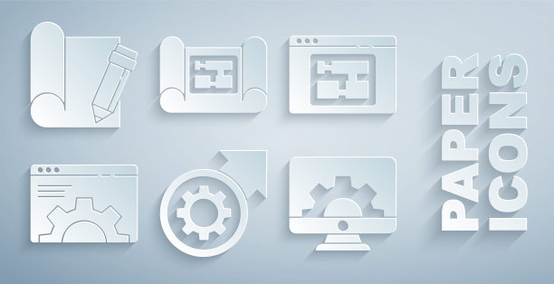 设置齿轮和箭头作为工作流过程，房屋计划，浏览器设置，计算机监视器齿轮，和绘图纸铅笔图标。向量图片下载