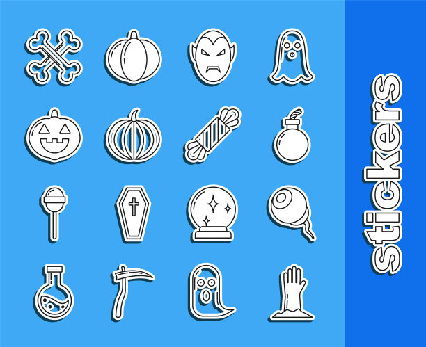 设置线僵尸手，眼睛，炸弹准备爆炸，吸血鬼，南瓜，交叉骨头和糖果图标。向量图片下载