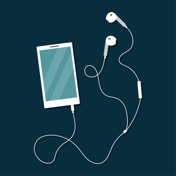 带有线耳机的白色手机。矢量插图在平坦的卡通风格。图片下载