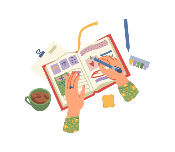 十几岁女孩的日记或日记，有笔记和标记的教科书一杯咖啡。女性角色休息或做作业。学校学生的学生制定时间表。平面风格的矢量图片下载