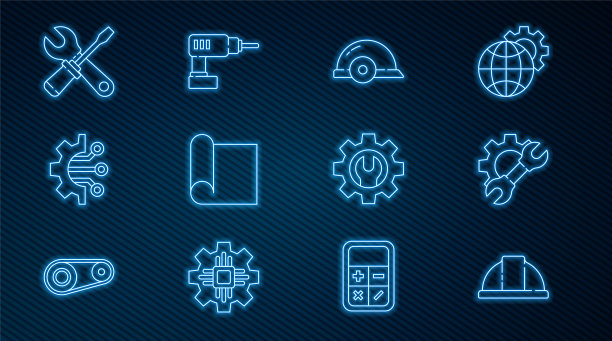 设置线工人安全帽、扳手扳手及齿轮、工程制图纸、算法、螺丝刀扳手、电钻图标。向量图片下载