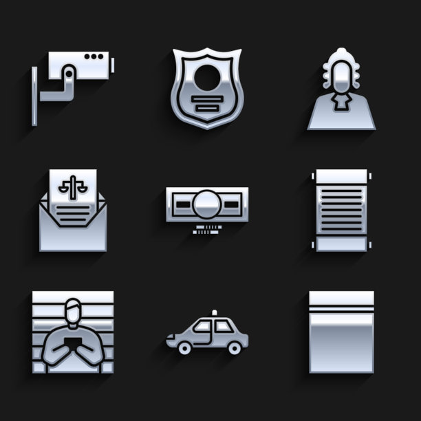 纸币现金堆、警车和闪光灯、带拉链的塑料袋、法令、纸张、羊皮纸、卷轴、嫌疑犯、传票、法官和监控摄像头图标矢量素材图片下载