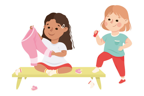 小女孩改变她的衣服穿鞋和裤子矢量插图图片下载