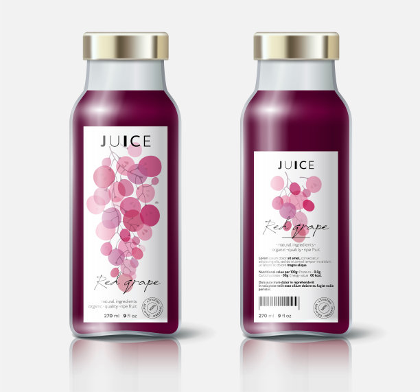 红葡萄汁包装。漂亮的透明整体和切好的水果。瓶子模板与正面和背面标签。图片下载
