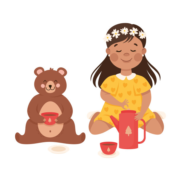 微笑的女孩喝玩具茶和泰迪熊玩和有趣的矢量插图图片下载