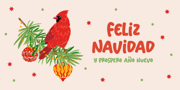 Feliz Navidad vector现代字母为西班牙圣诞快乐节日卡片。红色的红衣主教和冷杉枝，圣诞玩具在米色的背景。扁平风格的插图文本标题，网站，海报，邀请。图片下载