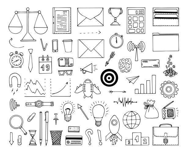 涂鸦商业符号集。商业理念的概念。手绘矢量细线艺术插图。独立的简单图标的公司工作。信息图元素草图图片下载