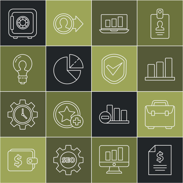 设线合同钱，公文包，饼图信息图，笔记本电脑与，灯泡概念的想法，安全和盾牌检查标志图标。向量图片下载