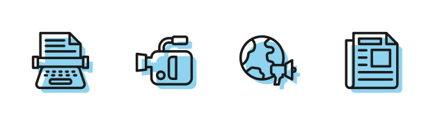 设置行世界新闻，复古打字机，电影相机和新闻图标。向量图片下载