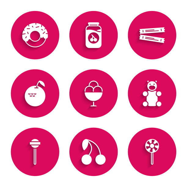 设置冰淇淋碗，樱桃，棒棒糖，果冻熊糖果，苹果，糖棒包和甜甜圈图标。向量图片下载