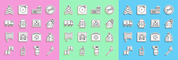 设置线燃烧火柴与火，火燃烧的建筑物，房子，建筑物的车站，消防栓，送水卡车，营火和室内壁炉图标。向量图片下载