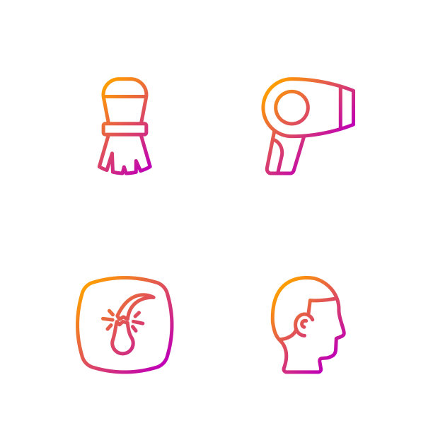 设定线发型，破碎的毛囊，剃须刷和烘干机。渐变颜色图标。向量图片下载