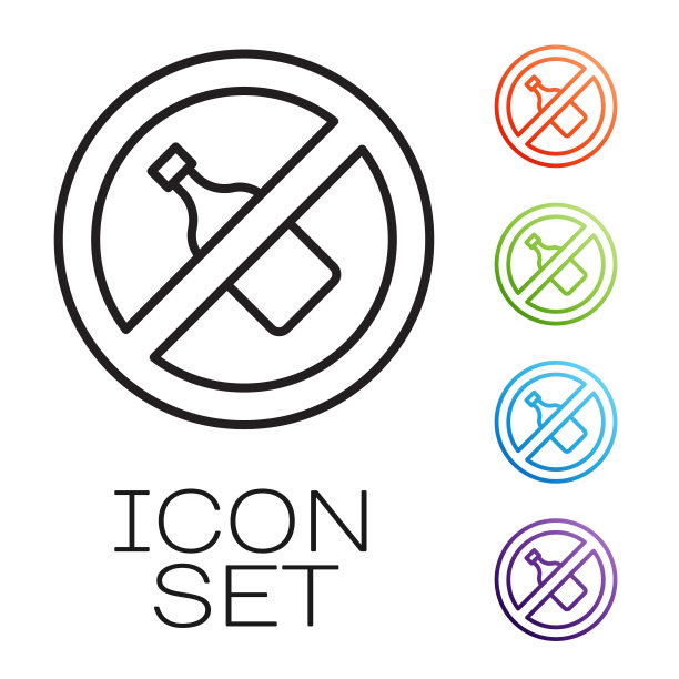 没有酒精图标孤立在白色背景上。禁止酒精饮料。禁用标志与啤酒瓶玻璃。设置图标丰富多彩。向量图片下载