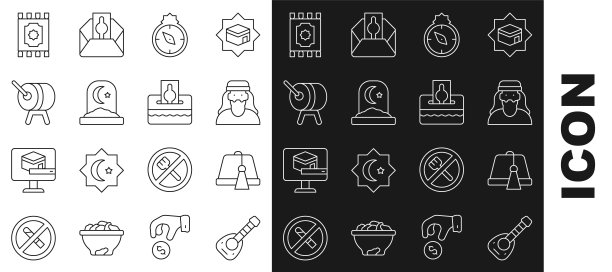 设置线琵琶，土耳其帽，穆斯林男子，Qibla，墓地，斋月鼓，传统地毯和捐赠或支付您的天zakat图标。向量图片下载