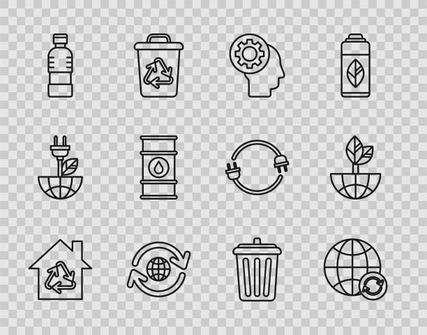 Set line Eco House with recycling symbol, Planet earth and a, Human head gear inside, Bottle of water, Oil barrel line, Trash can and earth globe leaf图标。向量图片下载