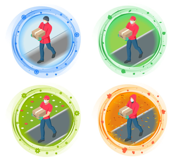 一年中不同时间的等距送货人。戴着医用口罩和手套的等长送货员或快递员在家为顾客递送食品。在隔离期间的网上购买。图片下载