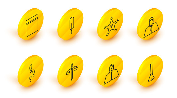 设置线油漆刷，匿名与问号，正义的天平，脚步，律师，律师，法学家，Hexagram警长，羽毛笔和塑料袋自封图标。向量图片下载