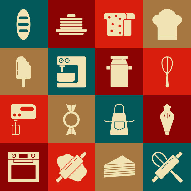 设置厨房打蛋器和擀面棒，糕点袋，面包吐司，电动搅拌机，冰淇淋，面包和罐头容器的牛奶图标。向量图片下载