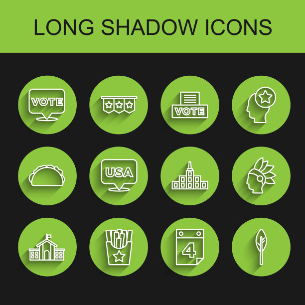 设置线美国国会大厦，土豆薯条在盒子里，投票，日历日期7月4日，印度羽毛，美国独立日，美国土著和城市景观图标。向量图片下载