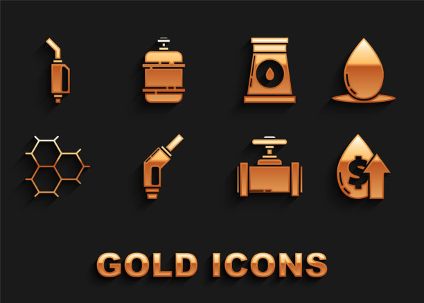 设置汽油泵喷嘴、降油、涨价、工业金属管道和阀门、苯环组成的化学配方、气体工业厂房、丙烷罐图标。向量图片下载