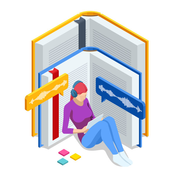 等距在线有声书的概念。女人听有声电子书。在线书籍。在线培训横幅。男人戴着耳机用手机听有声书图片下载