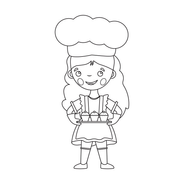 用纸杯蛋糕的卡通女孩厨师的着色页面大纲。矢量图图片下载