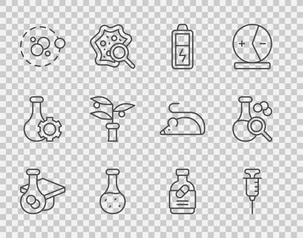 设置线毕业帽，注射器，电池，试管，原子，植物育种，药瓶和药丸和图标。向量图片下载