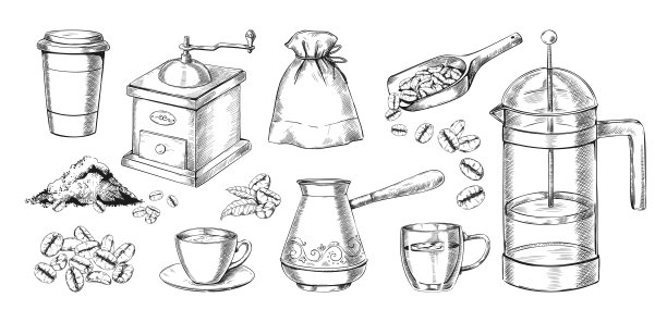 刻的咖啡。用阿拉比卡咖啡豆手工绘制饮料制备过程。孤立磨床和cezve。法式压滤机和杯子。饮料酿酒工具。矢量复古咖啡馆速写集图片下载