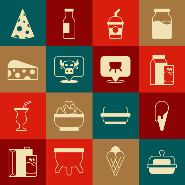 把黄油放在黄油盘，冰淇淋华夫蛋筒，纸包装开菲尔，奶昔，牛头，奶酪，和乳房图标。向量图片下载