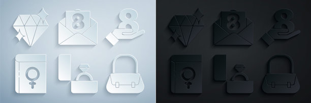 Set钻石订婚戒指，3月8日手，关于女人的书，手提包，信封和图标。向量图片下载