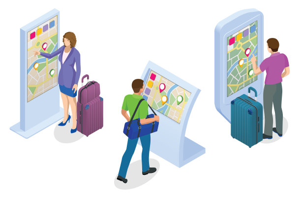 采购产品等距促销互动信息亭，广告显示，终端站，触摸屏显示。交互式触摸屏与城市地图图片下载